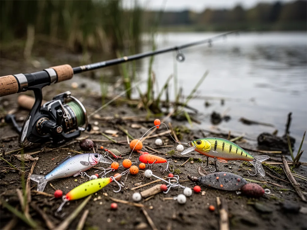 Différents appâts de pêche posés sur une caisse, avec vers, crevettes et hameçons prêts au montage