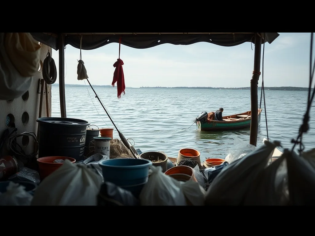 Ligne de pêche au coup avec flotteur rouge et blanc posée sur une caisse de matériel, amorce et asticots à côté, au bord d'un étang calme.