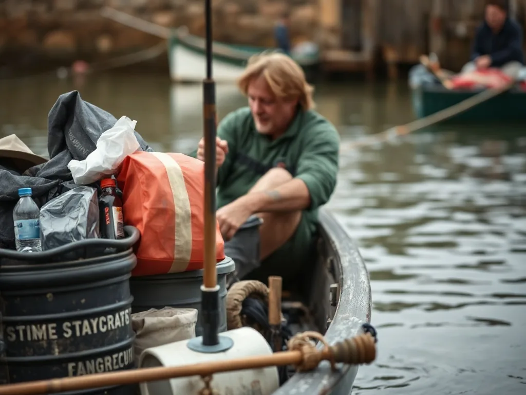 Bateau amorceur équipé d’un GPS et d’un sondeur, posé sur une berge au lever du jour
