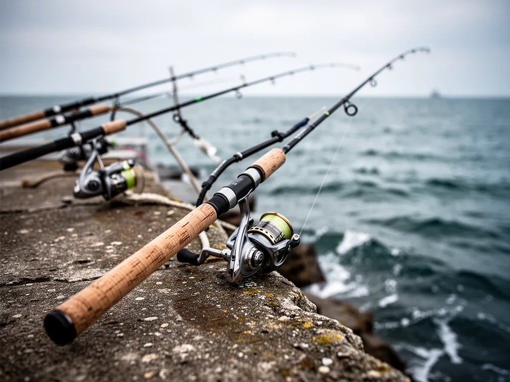 Canne à pêche en mer posée sur des rochers avec moulinet spinning et leurres souples à côté