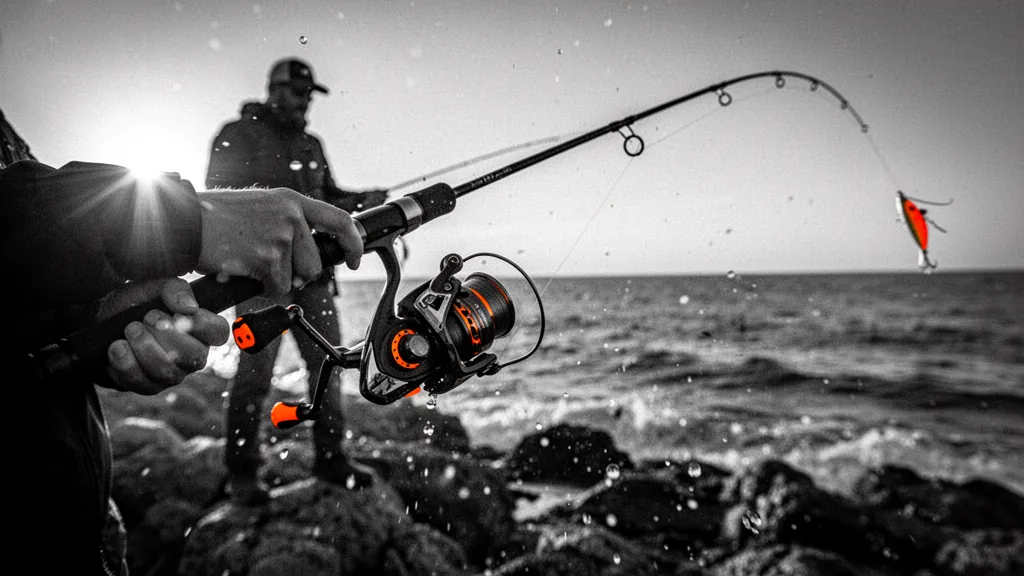 Canne à pêche posée sur un sac, moulinet brillant et quelques leurres posés à côté