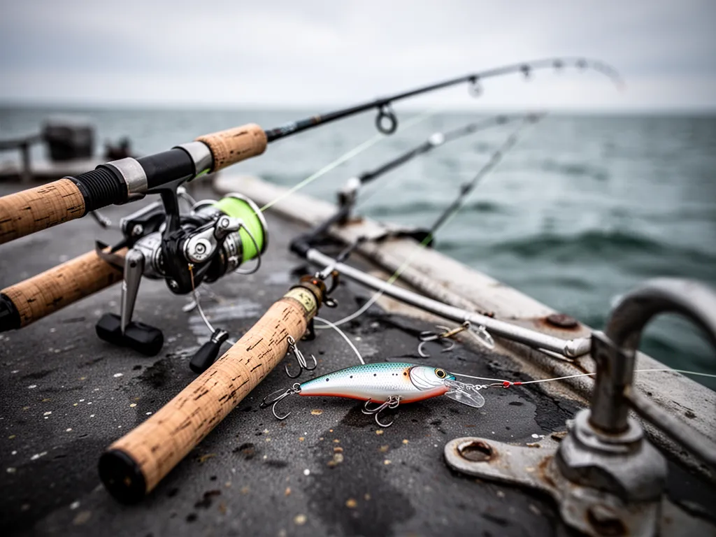 Pêcheur lançant un leurre depuis des rochers en bord de mer avec une canne spinning face aux vagues