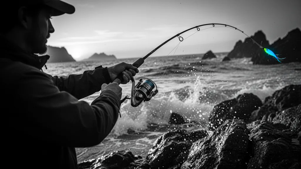 Pêcheur sur une jetée lançant un leurre vers la zone de chasse au crépuscule
