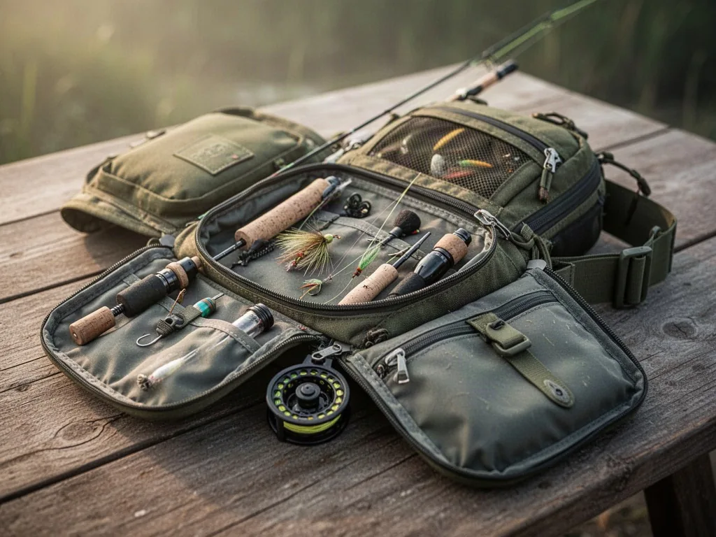 A fly fishing chest pack with open compartments and neatly arranged gear, lying on a wooden table, soft morning light