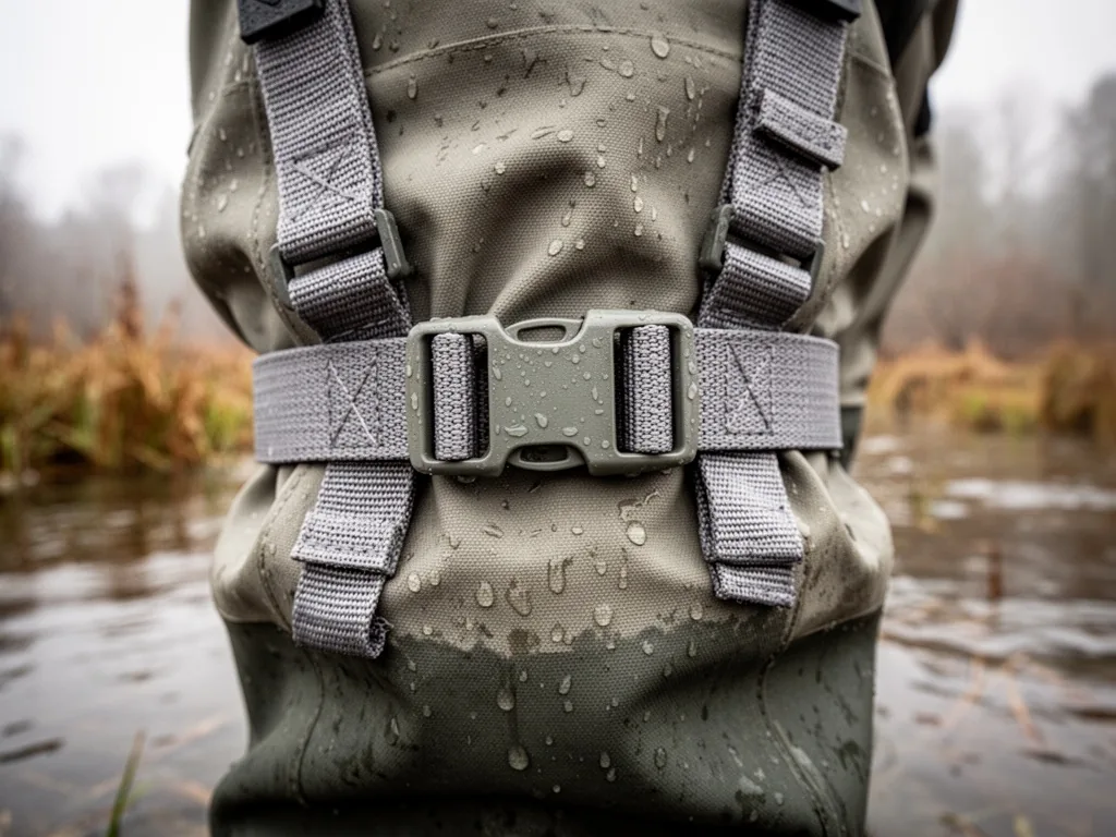 Thigh straps on fishing waders cinched tightly with a plastic buckle, textured gray fabric, damp surface, overcast morni