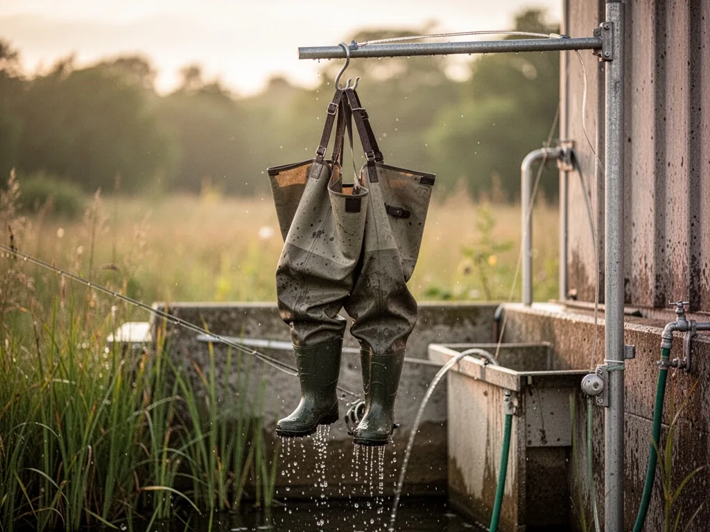 Fishing waders hanging upside down from a metal hook, water droplets falling, outdoor rinse area, gentle afternoon sun