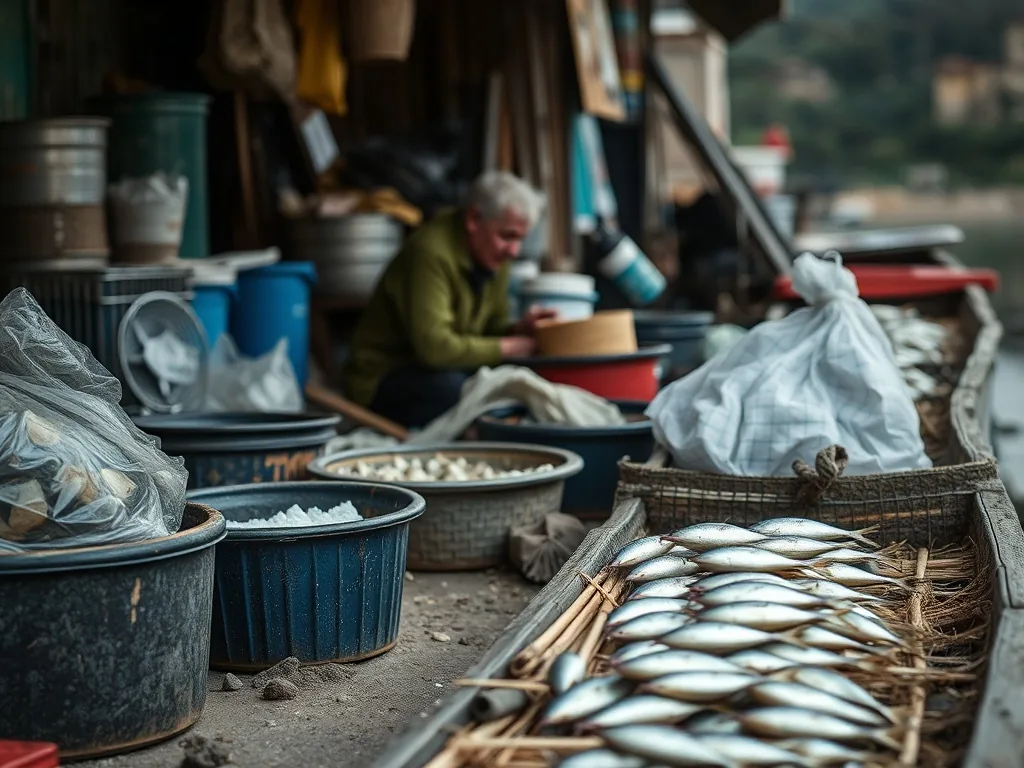 Gros plan d'hameçons de pêche de différentes tailles et formes alignés sur un plan de travail en bois