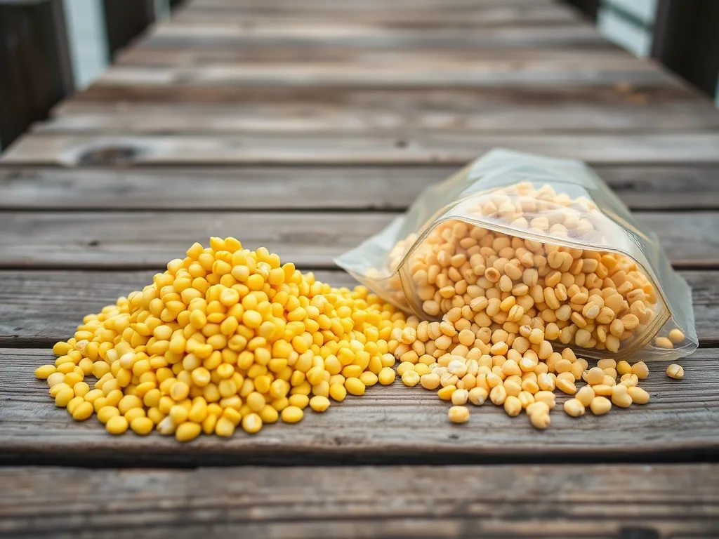 Two piles of corn kernels on a wooden dock: one bright yellow from a can, one pale and soft from a fishing bait bag, ove