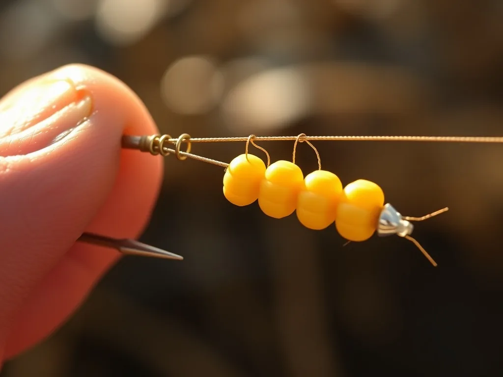 A close-up of a fishing hook with three corn kernels threaded in a line, held by a fisherman's thumb and forefinger, nat