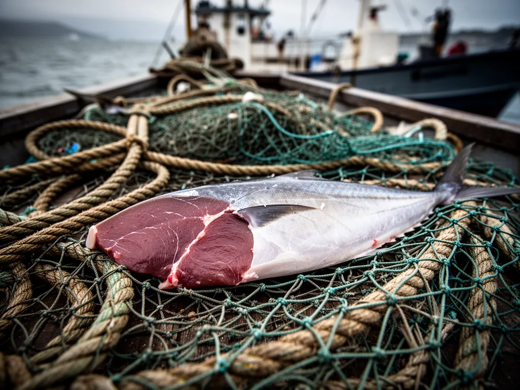 Filet de pêche étalé sur une cale de port breton, flotteurs orange alignés et ralingue plombée enroulée