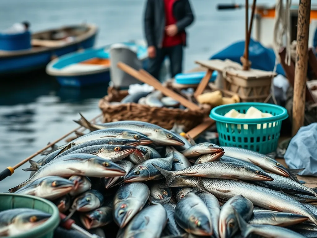 Ligne de pêche avec bouchon montée, posée sur une cale en bord de mer