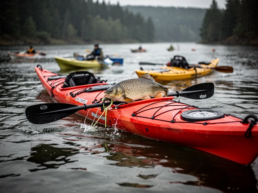 Kayak de pêche en mer avec canne arrière et leurre traîné sur une eau légèrement ridée