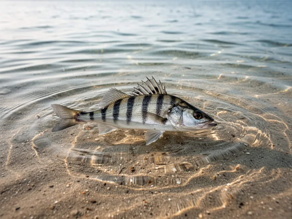 A striped sea bass fin breaking the surface in crystal-clear shallow water, ripples spreading, sandy bottom visible, aft