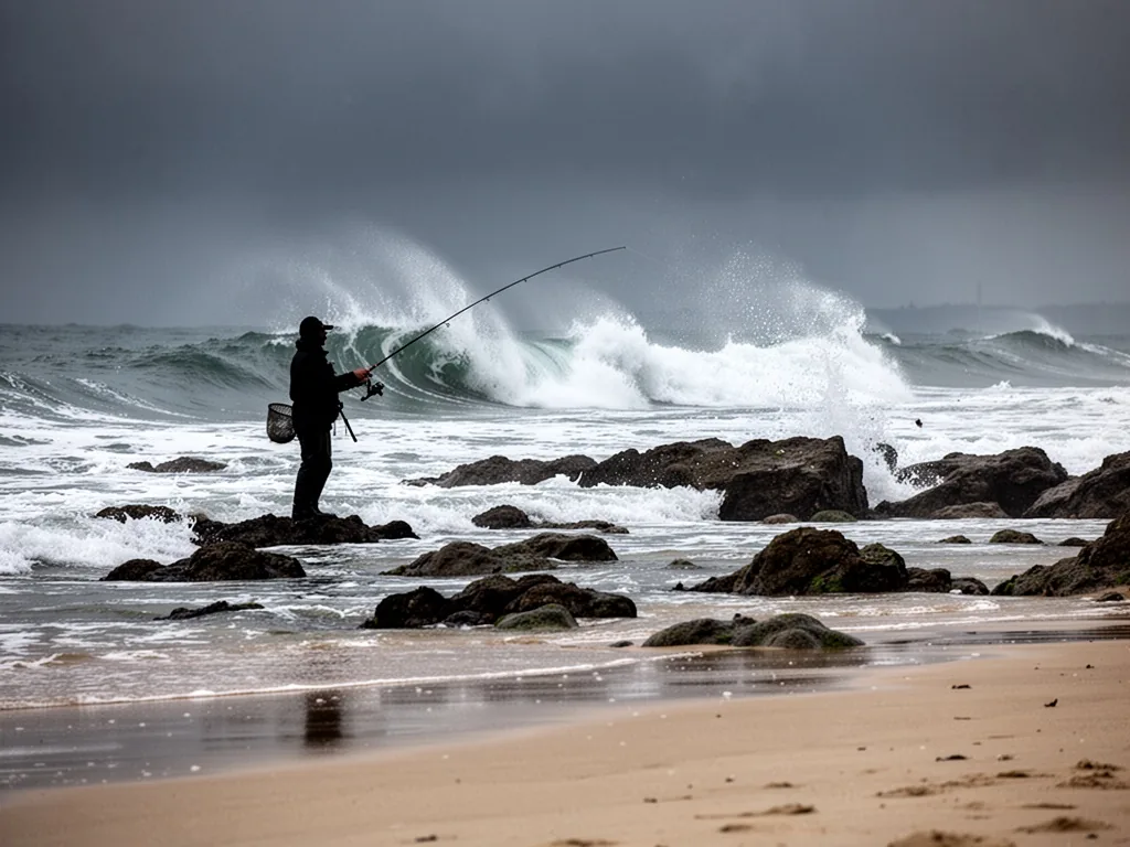 A fisherman's silhouette casting a line into foam-tipped wave, wind-swept spray, dark grey sky, low tide rocks exposed, 