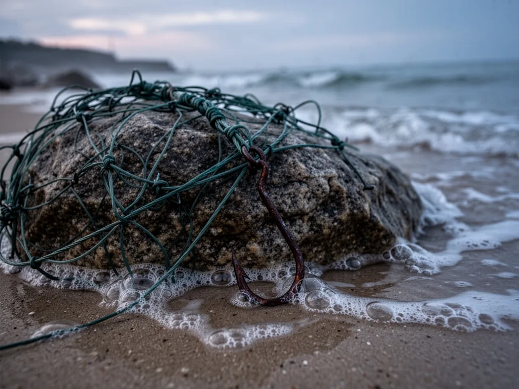A tangled fishing line caught around a rock, rusty hook hanging, sea foam bubbles around, dim late evening light
