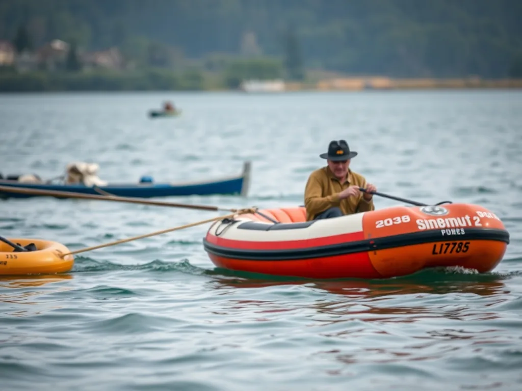 Pêcheur en float tube sur une eau calme, palmes aux pieds, canne en main, gilet de sauvetage bien visible