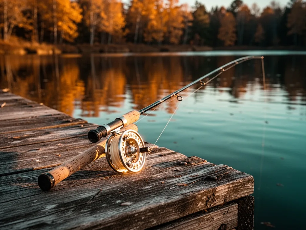 A fly fishing rod resting against a weathered wooden dock, its reel catching golden sunlight, calm water reflecting autu