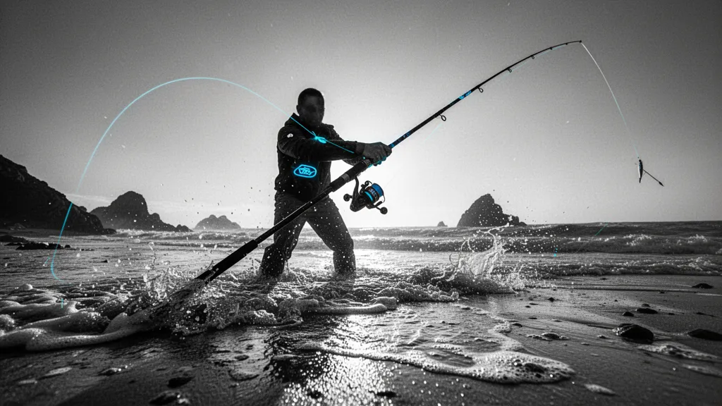 Un pêcheur débutant sur un petit ponton observant l'eau au lever du jour