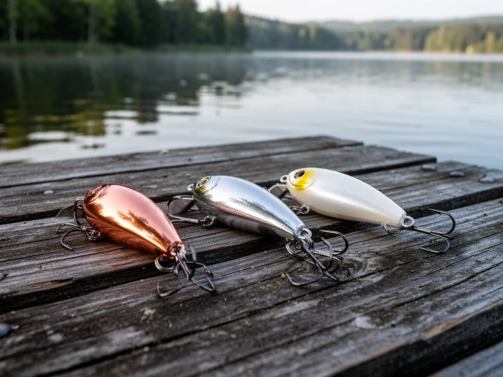 Three spoon lures in copper, silver, and pearl-white finish placed in a row on a weathered wooden jetty, soft morning li