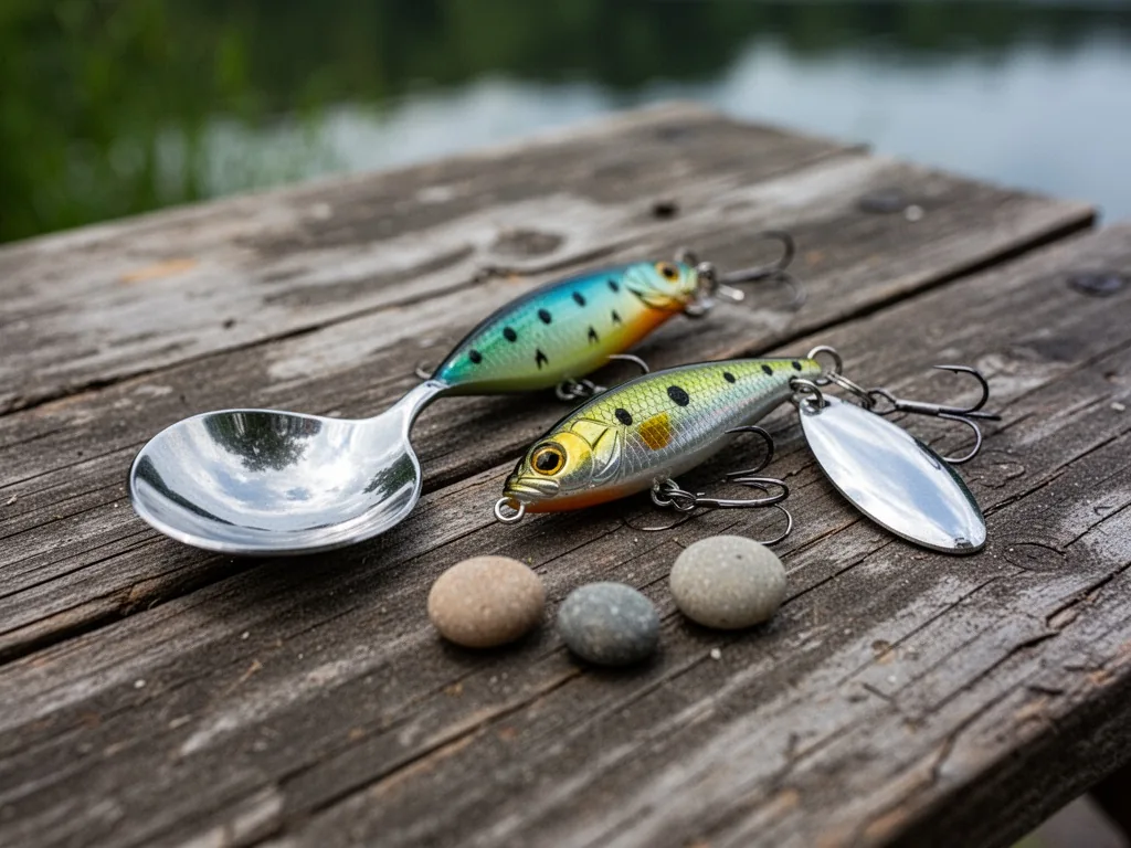 A wobbler spoon lure and a spinner lure with a silver blade lying on a rough wooden table, three small round stones besi