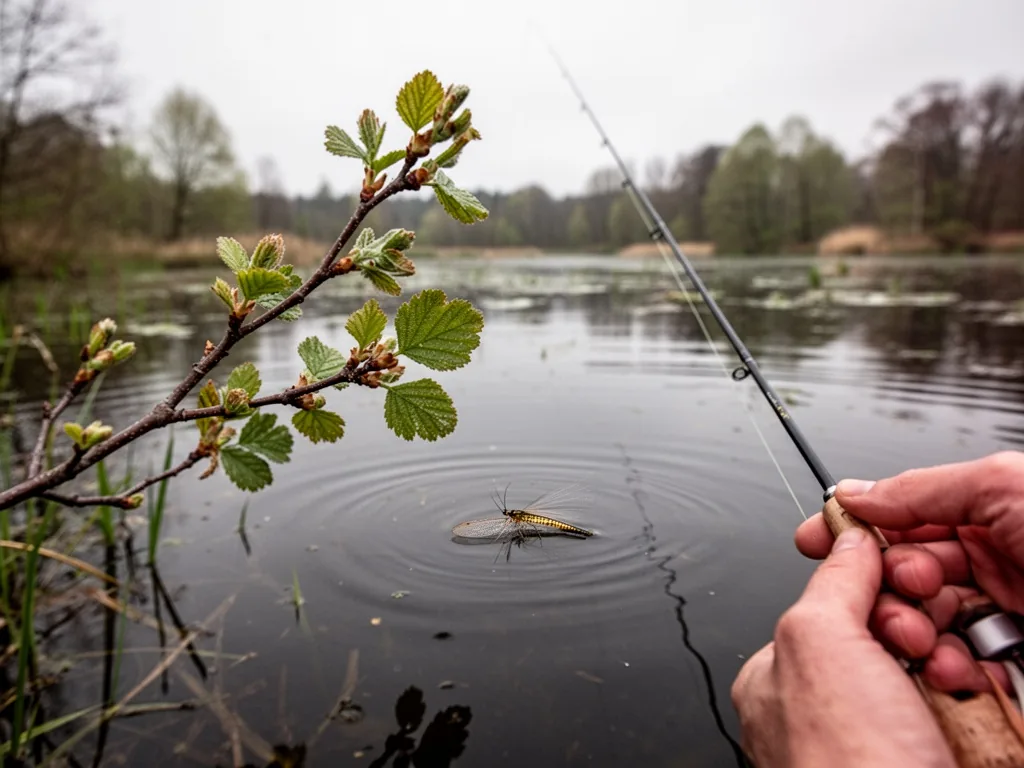 A budding alder branch over dark pond water, a single mayfly shell floating on the surface, a hand holding a fly rod tip