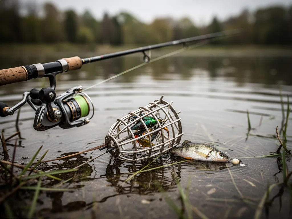 Bobine de fil nylon orange vif posée sur un établi de pêche avec un leurre souple et un moulinet casting en arrière-plan