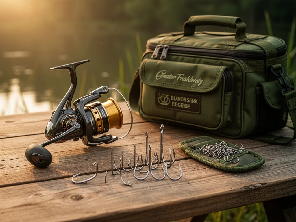Three durable carp fishing gifts for any enthusiast: a smooth baitrunner reel, sharp long-shank hooks, and a waterproof