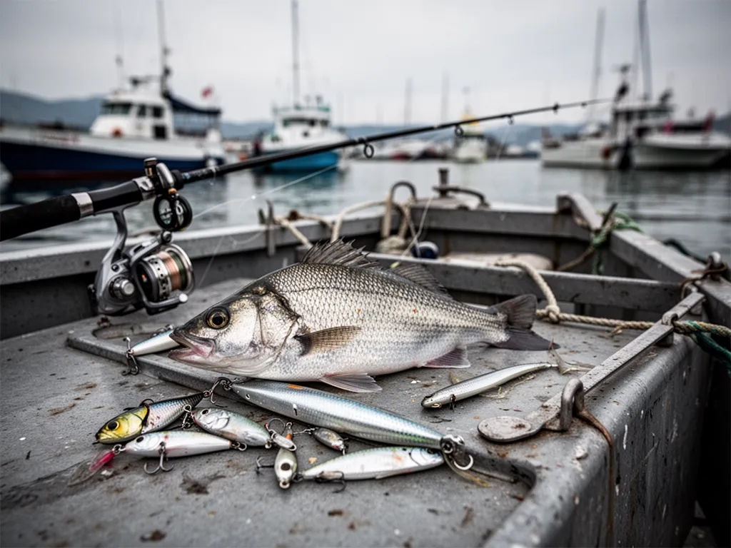 Pêcheur en mer manipulant une canne aux leurres devant un bateau de pêche au lever du jour