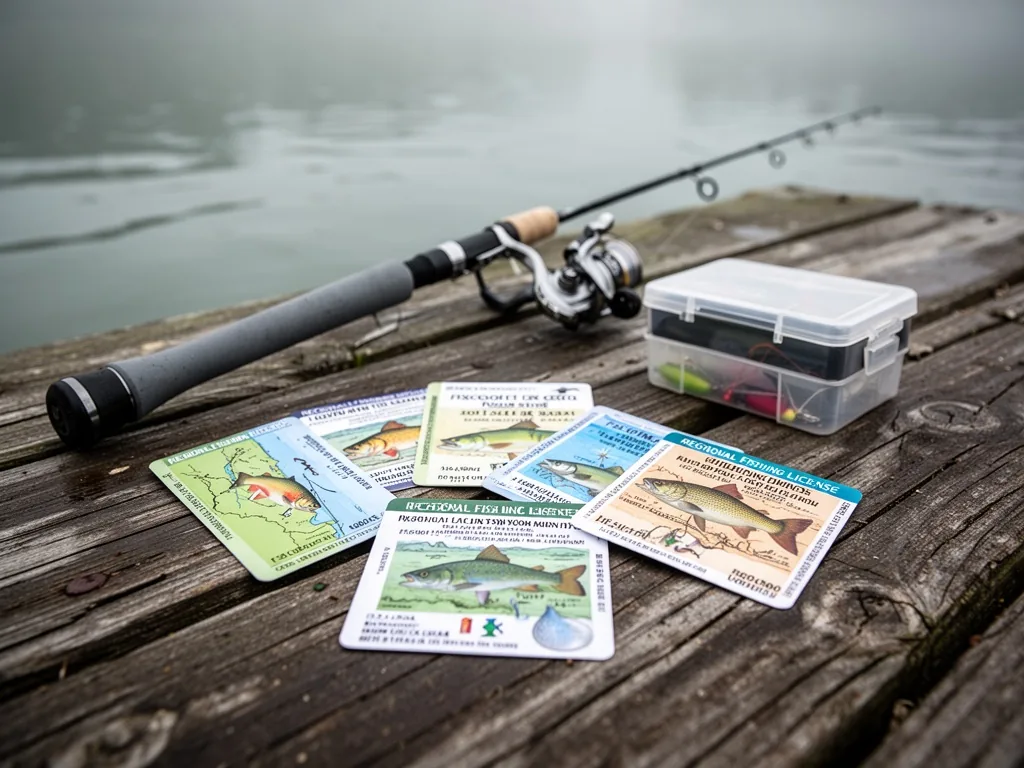 A selection of regional fishing license cards spread on a weathered wooden dock, beside a graphite fishing rod and a sma