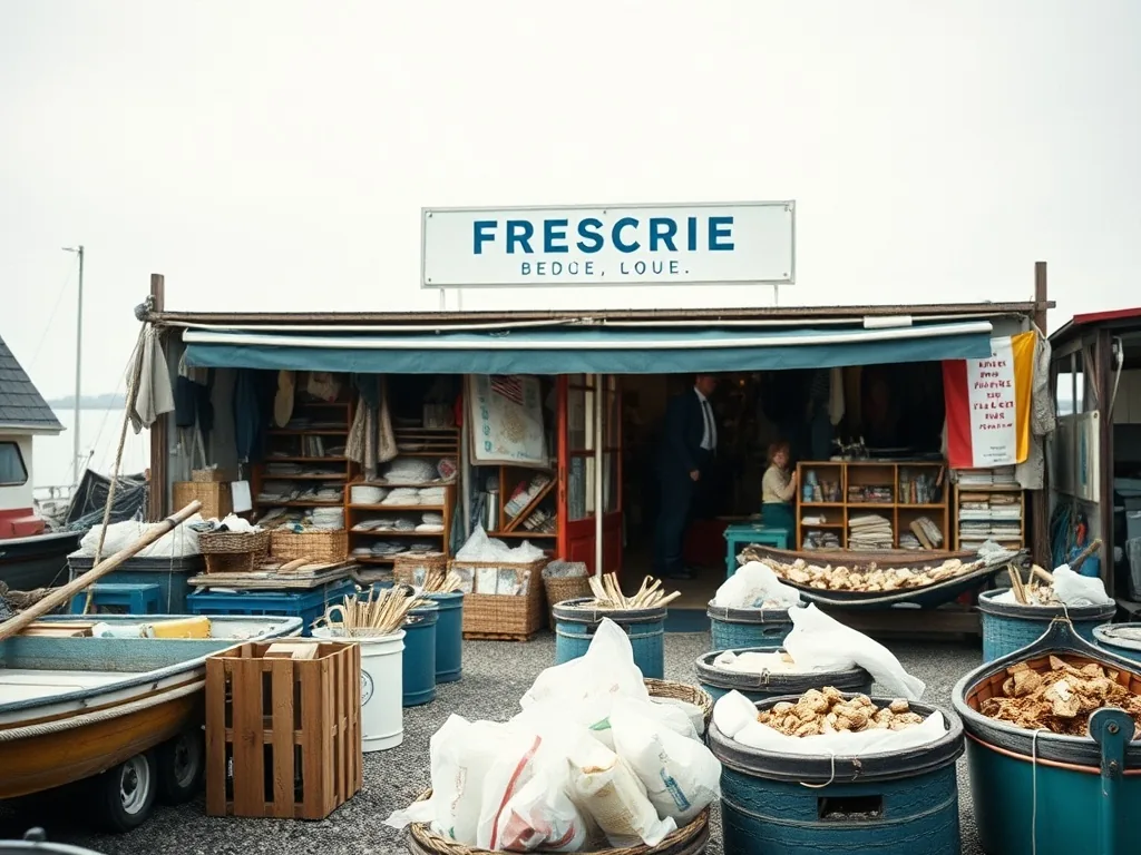 Vue d'un magasin de pêche avec des cannes alignées et du matériel de surfcasting en devanture