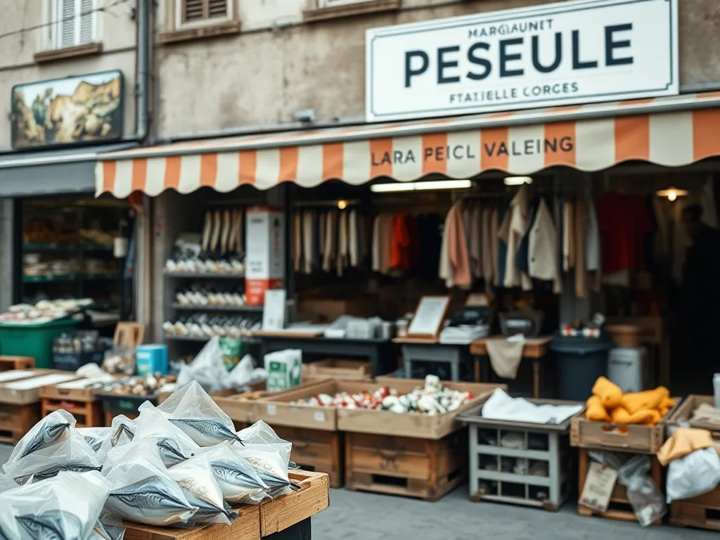Intérieur d'un magasin de pêche, cannes alignées et présentoirs de leurres sous une lumière chaude
