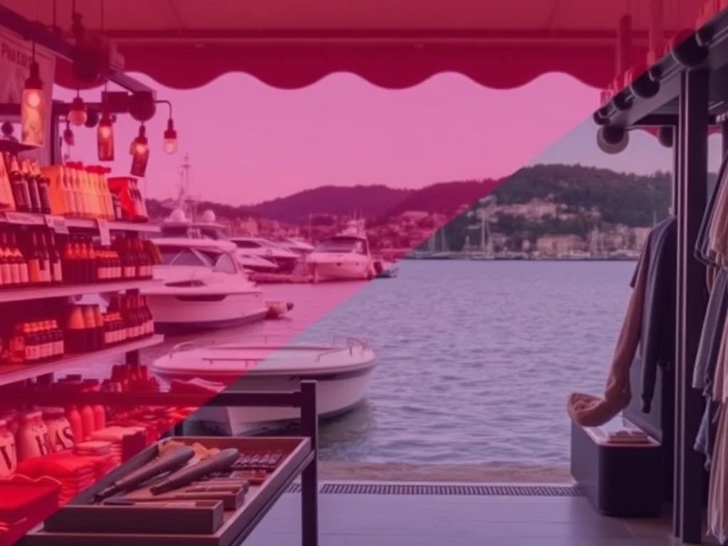 Intérieur d'un magasin de pêche à Annecy avec des cannes alignées et un vendeur qui montre un leurre à un client