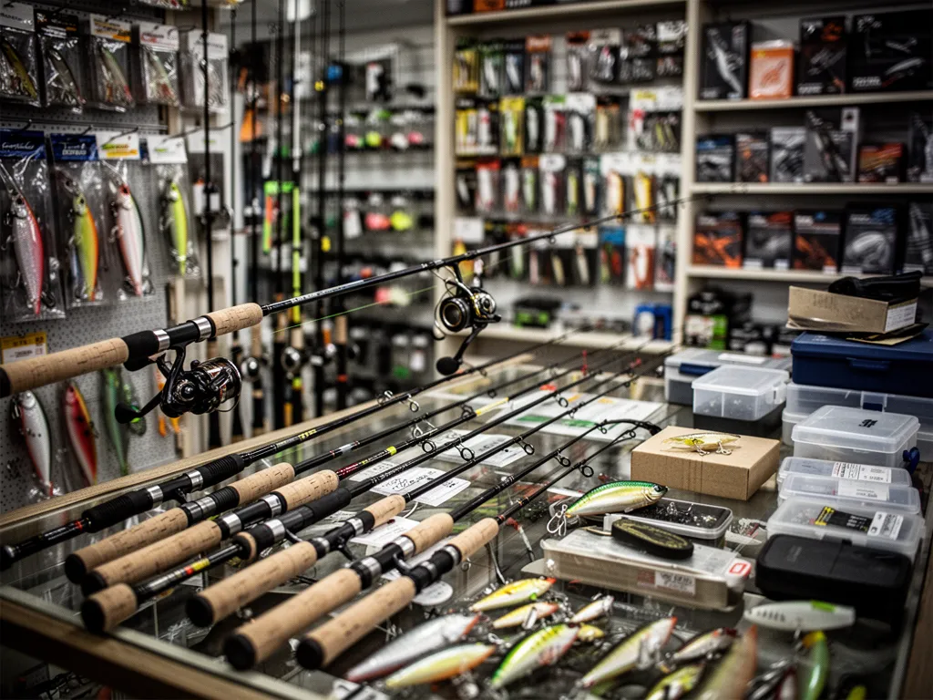 Rayon cannes et leurres dans un magasin de pêche spécialisé, avec un vendeur en train d'expliquer un montage à un client.