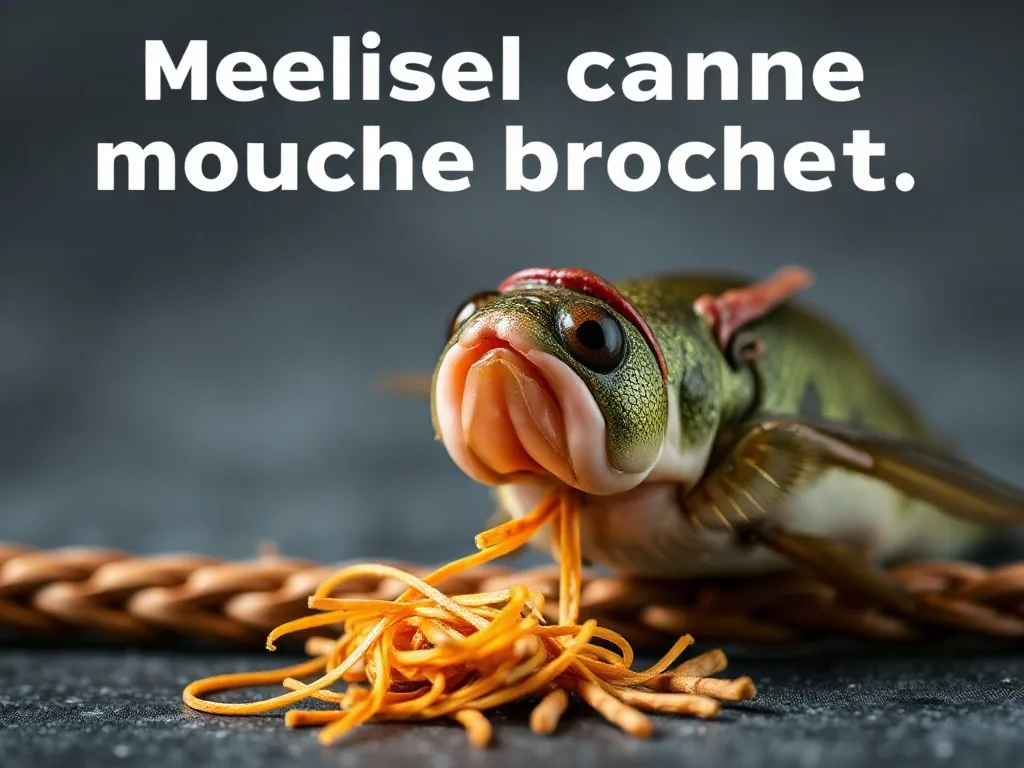 Gros plan sur une canne à mouche soie 8 posée sur une caisse de rangement avec des streamers colorés, en bord de lac calme au lever du jour.