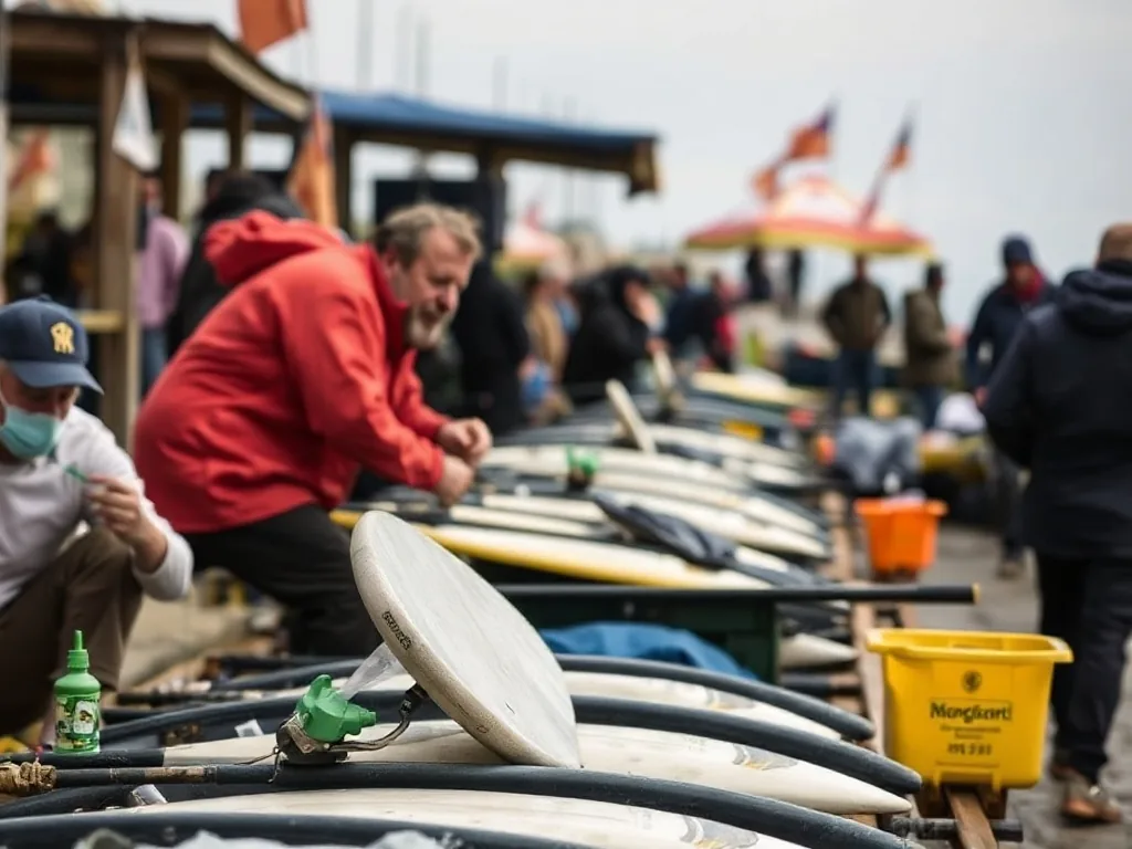 Moulinet surfcasting argenté posé sur une canne, plage de sable en arrière-plan