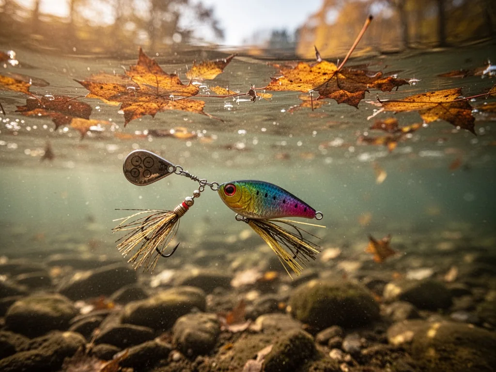 A spinnerbait lure slowly sinking in clear water with autumn leaves on the surface, golden afternoon light, blurred rive
