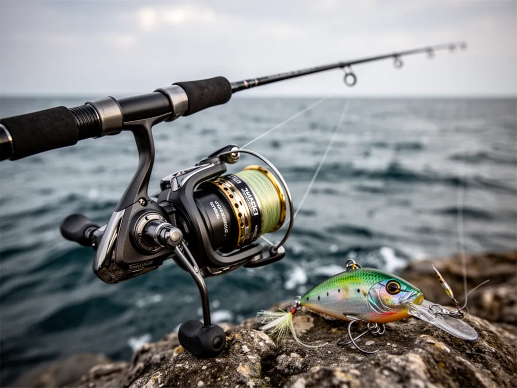 Moulinet spinning monté sur une canne en bord de mer face à une eau légèrement agitée