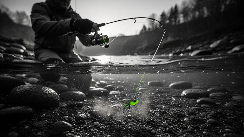 Poisson pris au jig posé sur un fond rocheux, main tenant la tresse