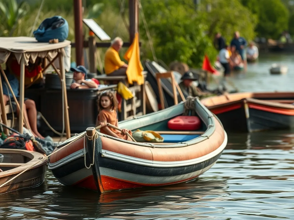 Pêcheur assis dans un bateau gonflable gris et rouge, pêchant au lancer sur une mer calme par une belle journée ensoleillée