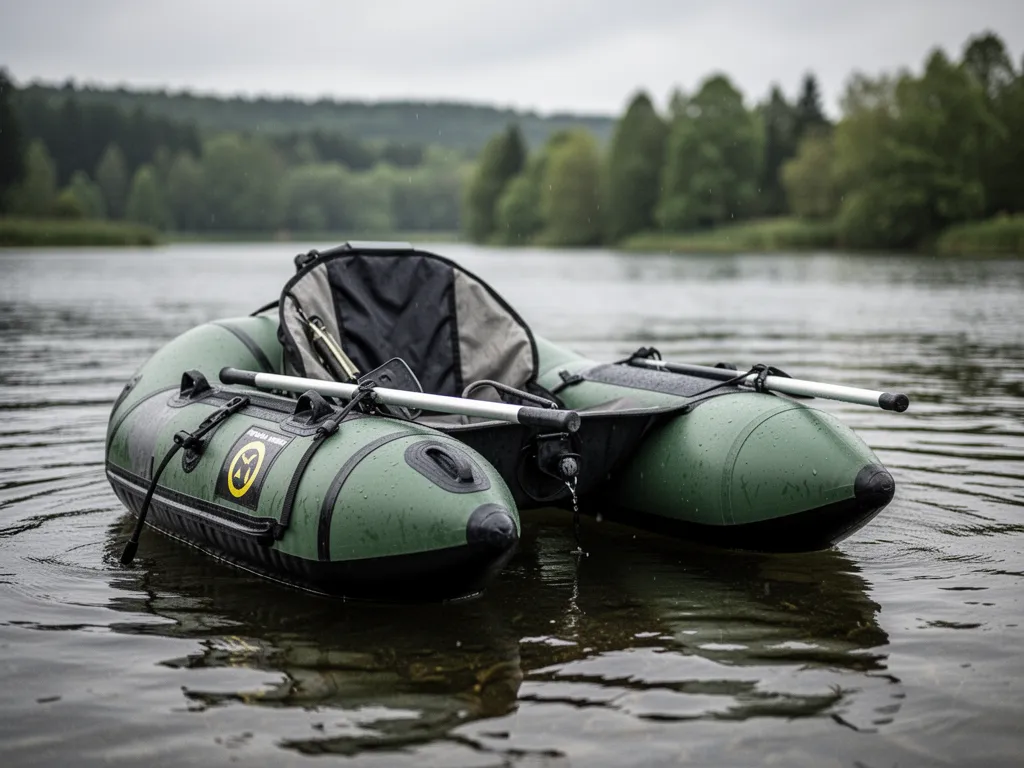 Pêcheur en float tube sur un lac calme équipé d'un gilet de sauvetage et de deux cannes, avec une berge boisée en arrière-plan