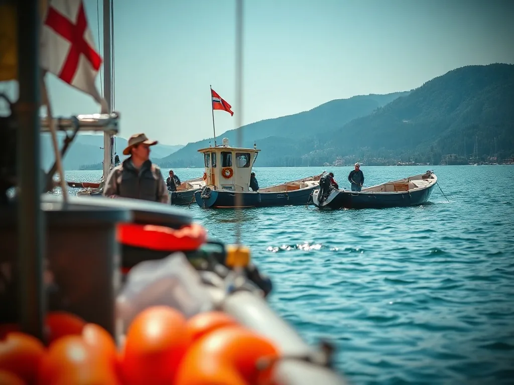 Vue aérienne du lac Léman avec un pêcheur lançant un leurre depuis un bateau, entouré de montagnes bleutées par une journée d'été