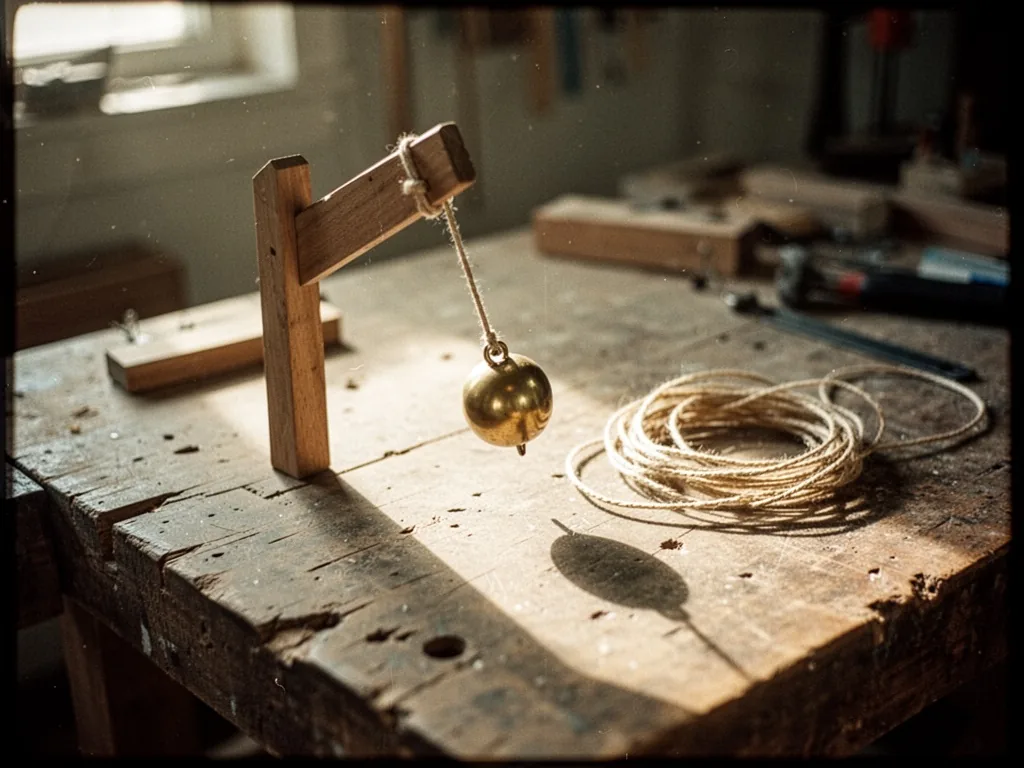 A single plumb line with a brass weight dangling from a wooden peg, slightly tilted, next to a coiled string, soft morni