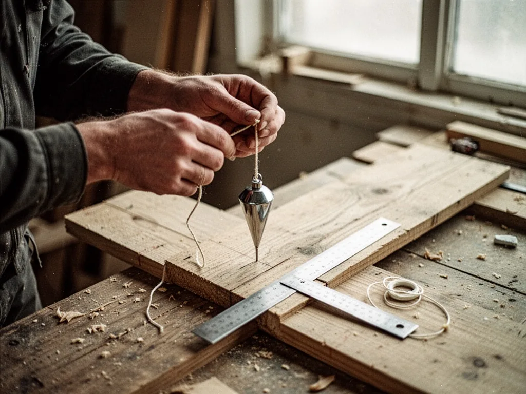 A pair of hands carefully holding a plumb bob and string over a wooden plank, a simple steel ruler and a chalk line on t