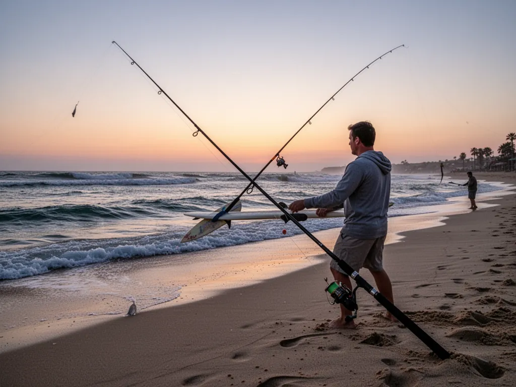 Canne de surfcasting plantée dans le sable au crépuscule avec ligne tendue vers les vagues