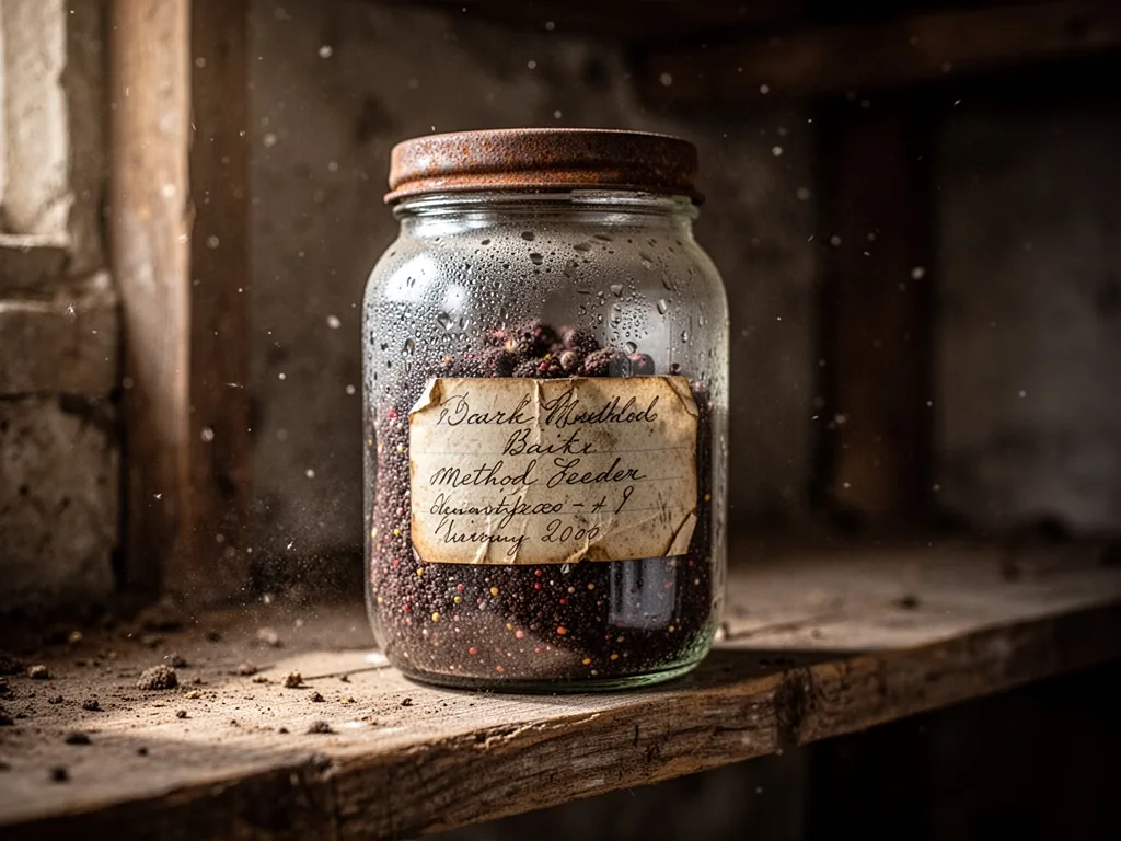 A glass jar filled with dark method feeder bait mixture, condensation on glass, old handwritten label, rusty lid, placed