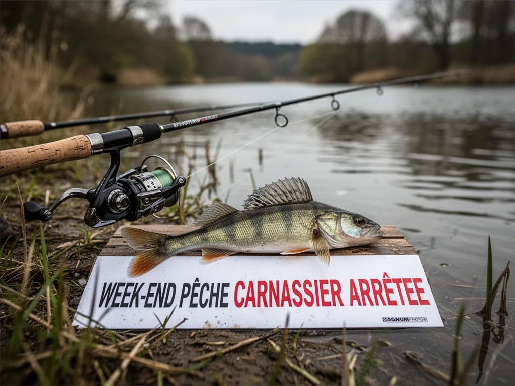 Pêcheur au lever du jour sur un lac calme, canne à lancer en main, eau miroir entourée de roseaux